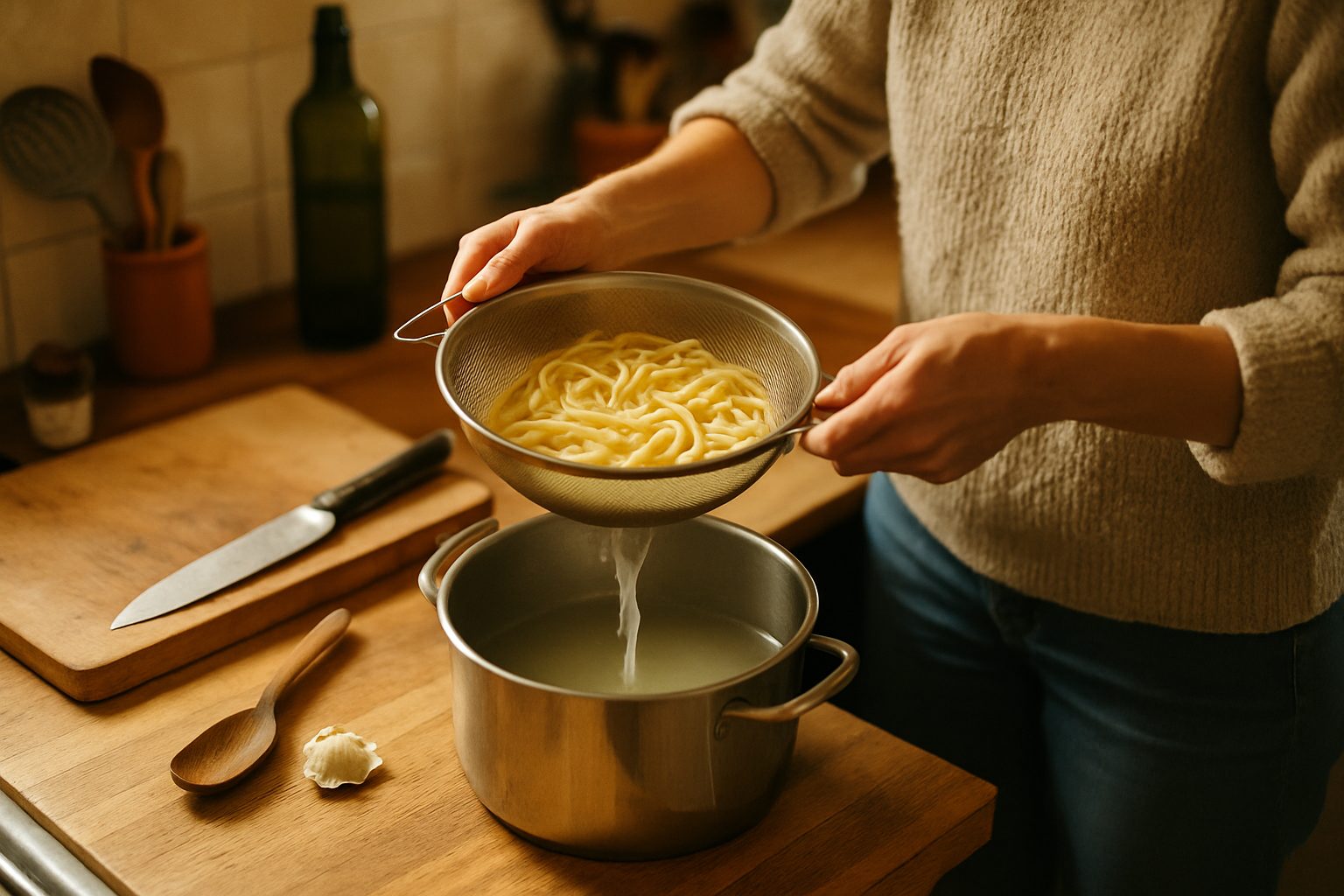 Scolare la pasta tenendo l'acqua di cottura