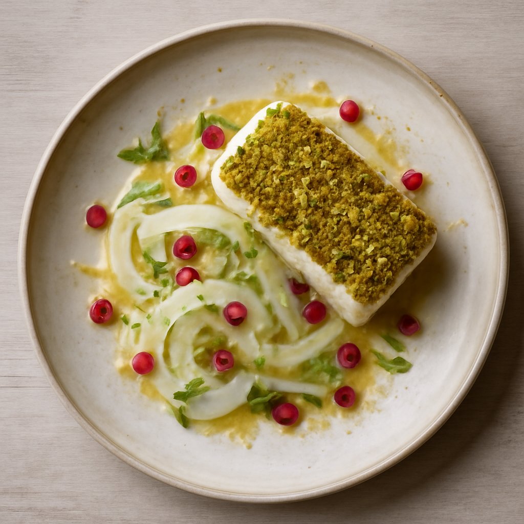 Baccalà in crosta di pistacchi, olio agli agrumi finocchi e melagrana