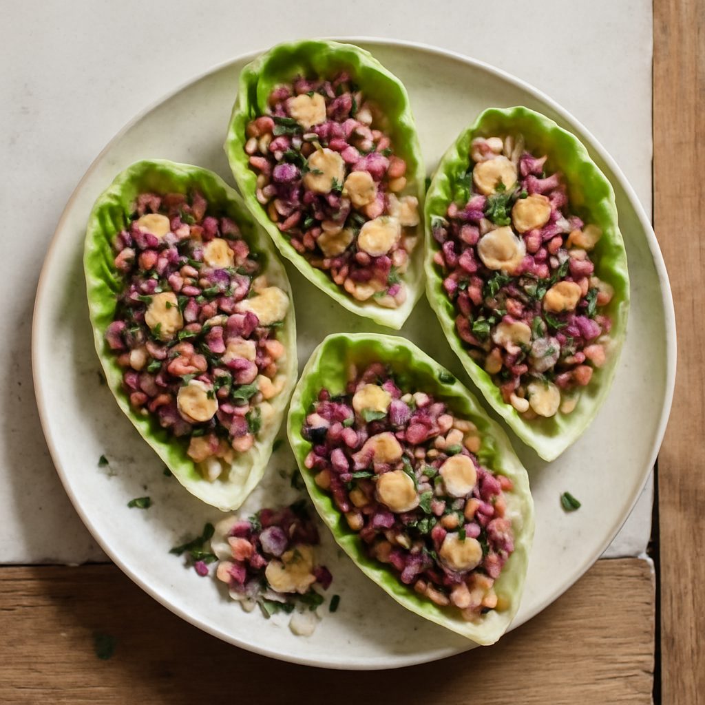 Barchette di insalata di farro, cavolo rosso e pollo
