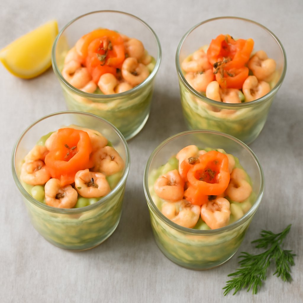Bicchieri con salmone, gamberetti e avocado