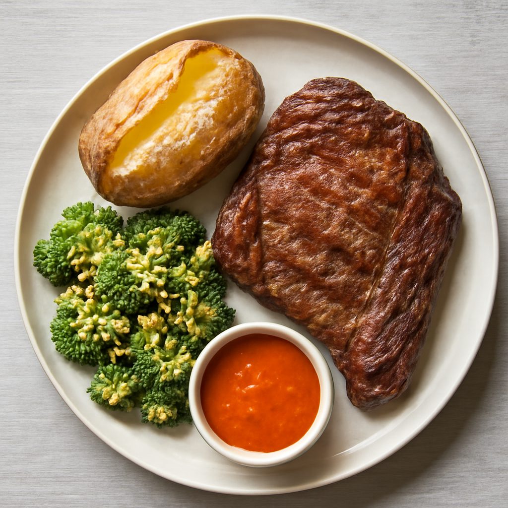 Bistecca di manzo con patate al sale, salsa Mojo e insalata di broccoli