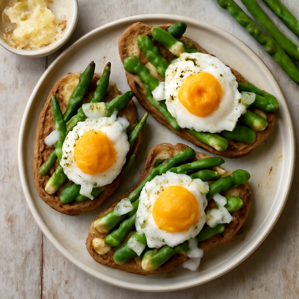 Bruschette integrali con asparagi, uova e Parmigiano Reggiano