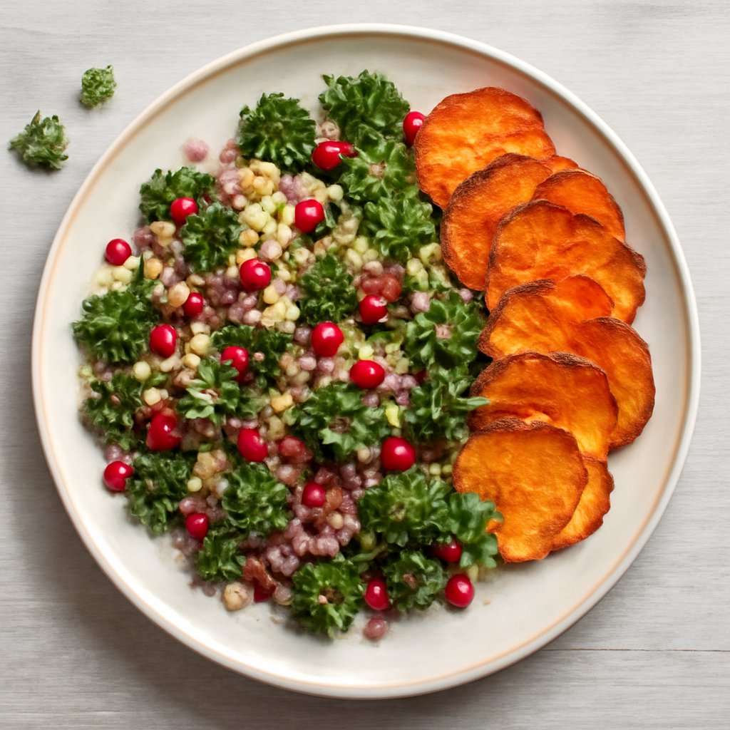 Bulgur cavolo riccio e melagrana con chips di patate dolci