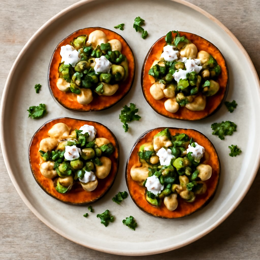 Canapés di patate dolci con feta, fagioli e zucchine