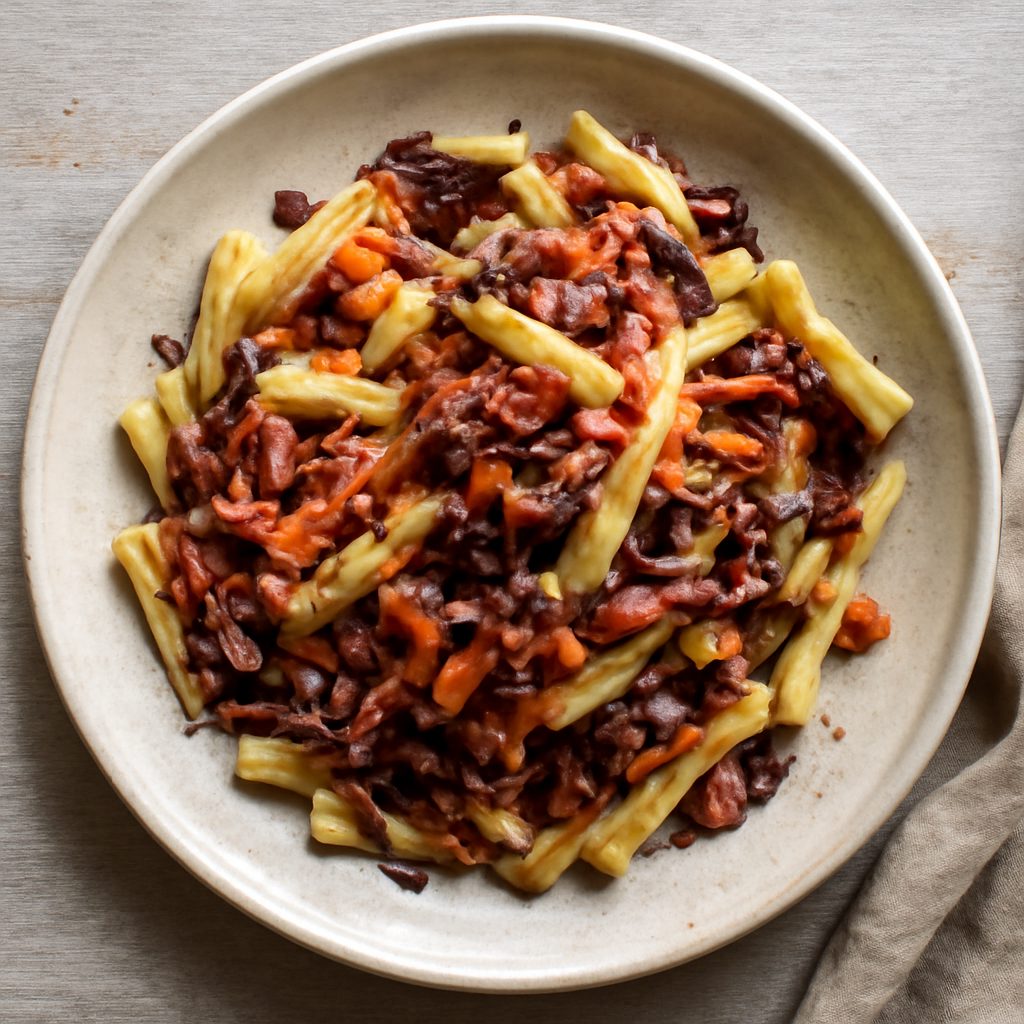 Casarecce radicchio, carote e prosciutto