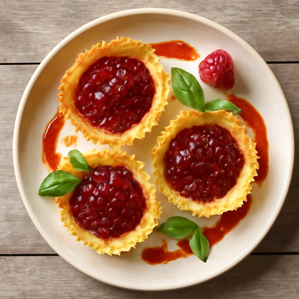 Cestini al formaggio con salsa al peperoncino e confettura di lamponi