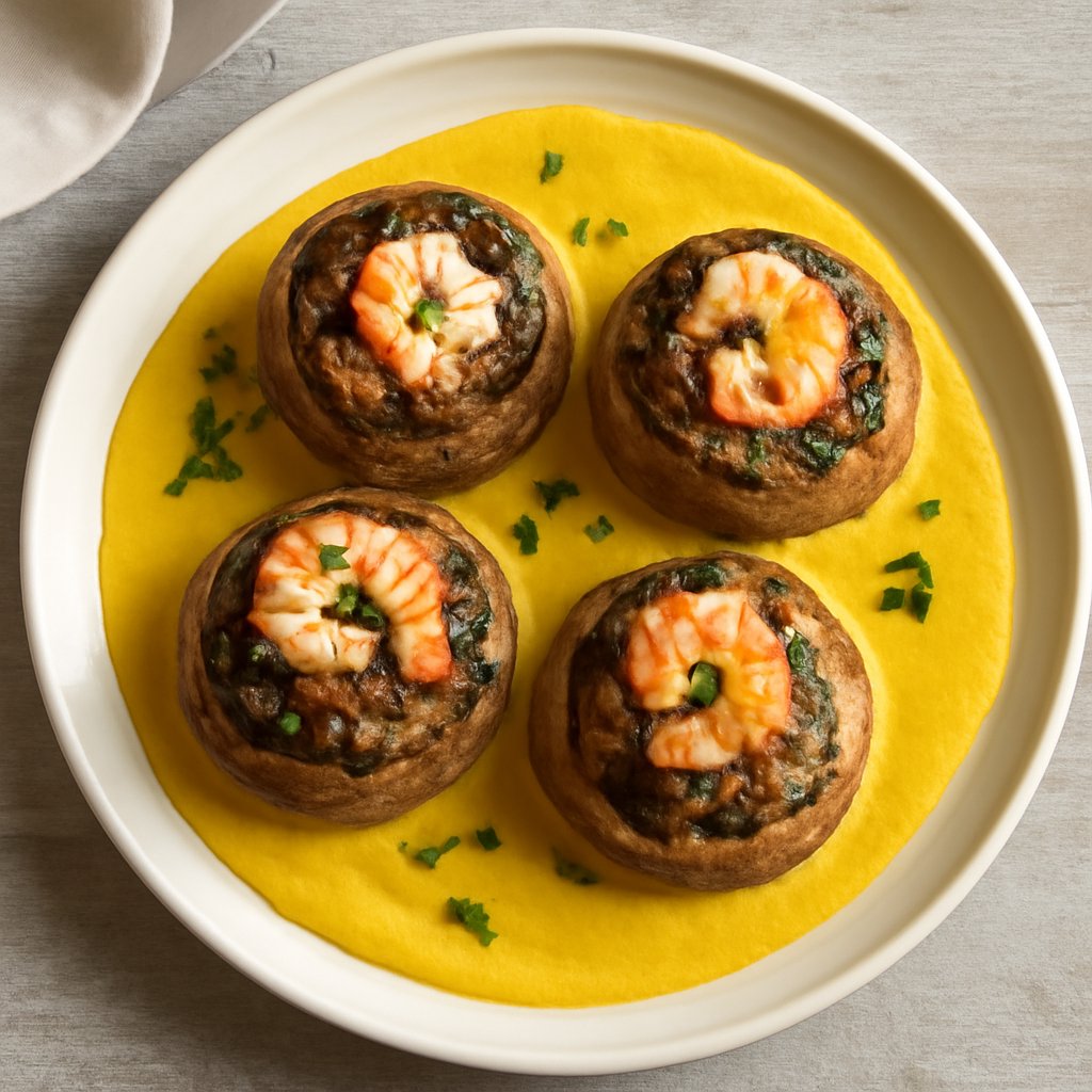 Champignon ripieni con gamberi su crema di curcuma