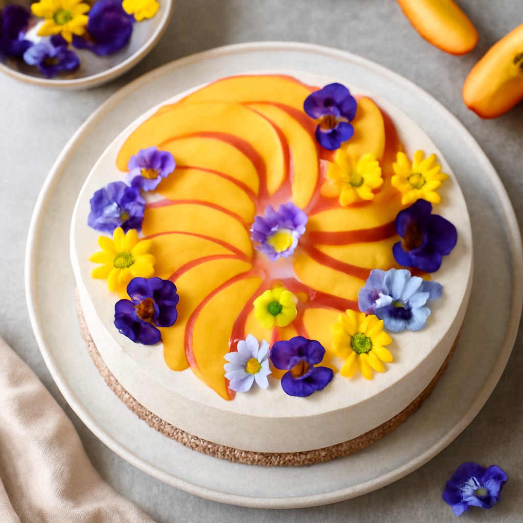 Cheesecake alle pesche con fiori eduli