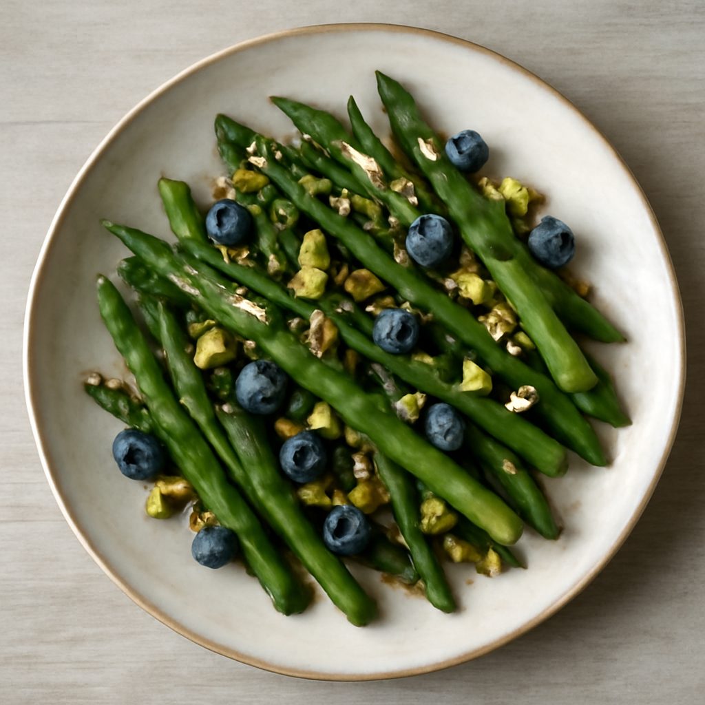 Contorno di asparagi e fagiolini, con mirtilli e pistacchi