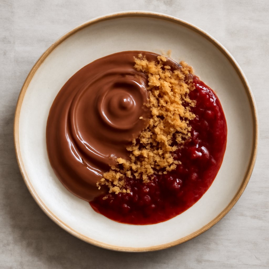 Crema al cioccolato con salsa ai frutti rossi e crumble (robot da cucina Friend)