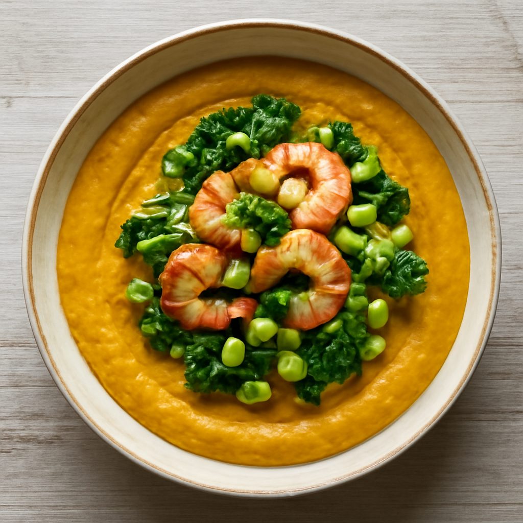 Crema di cavolo riccio alla paprika, insalata di gamberi e edamame