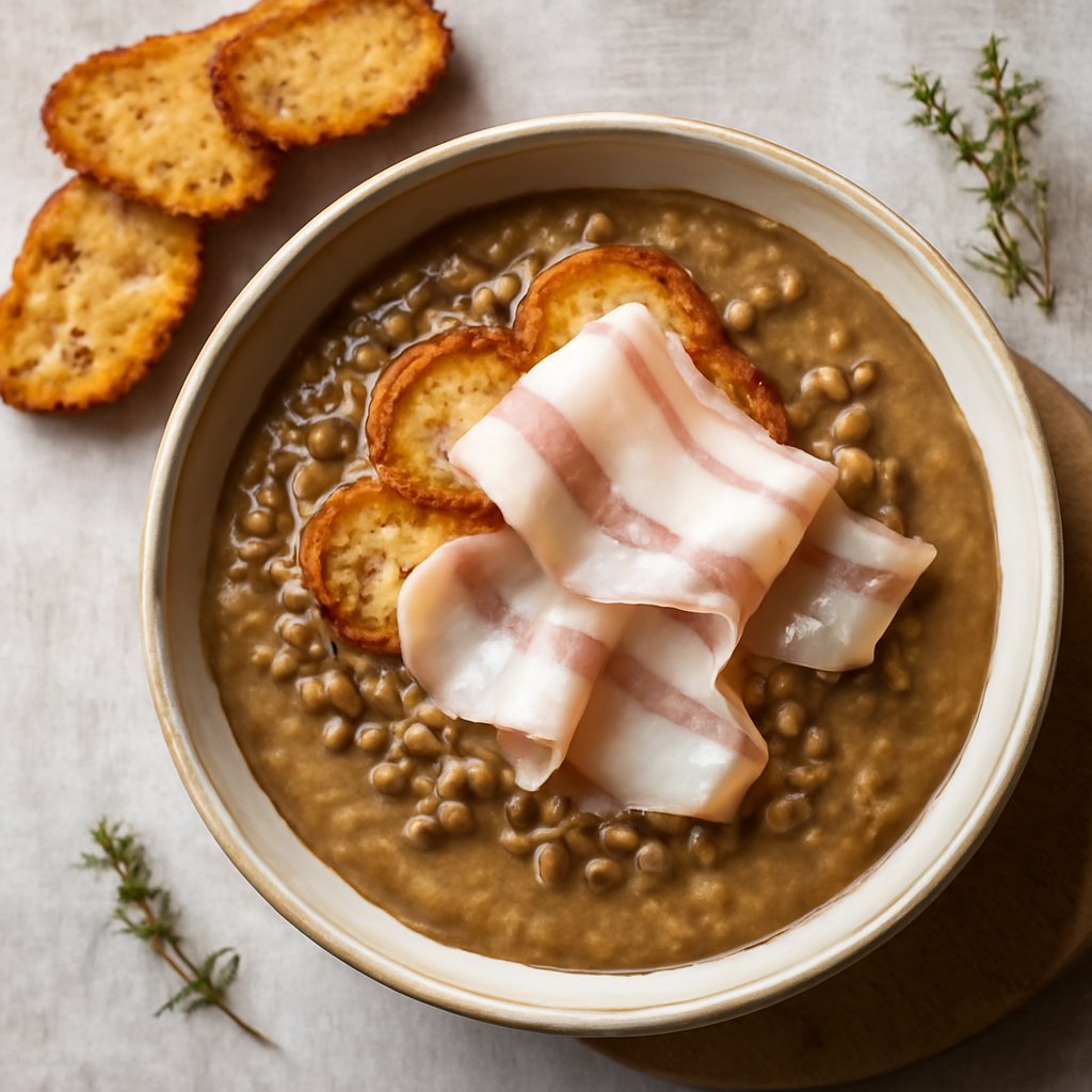 Crema di lenticchie, crostini e lardo