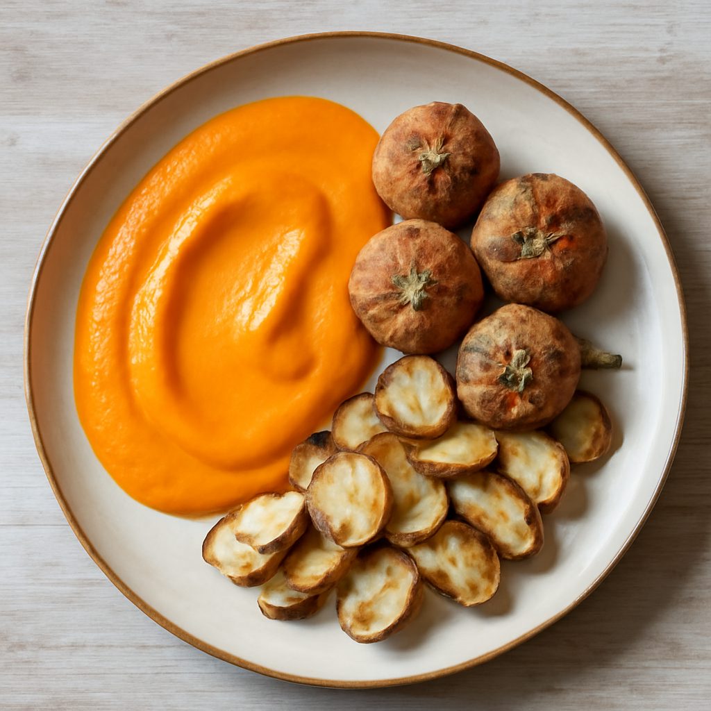 Crema di zucca e carote, polpette di vitello e contorno di topinambur
