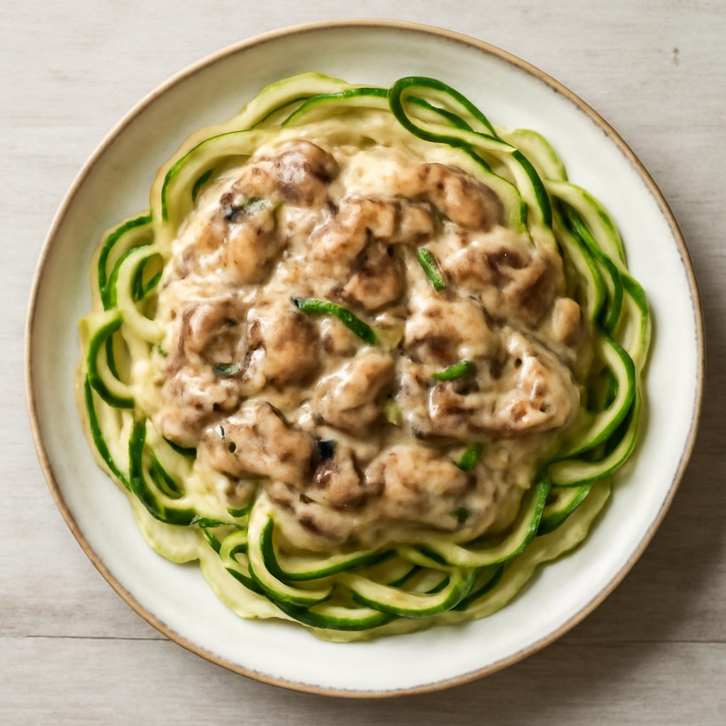 Cremosa di funghi e pollo con noodles di zucchine (senza lattosio)