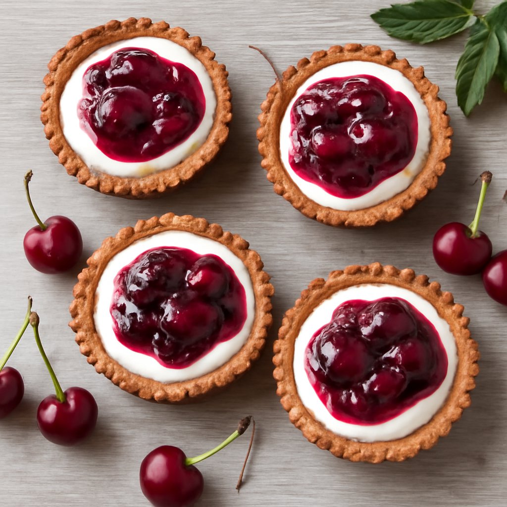 Crostatine di farro con crema di yogurt e composta di ciliegie