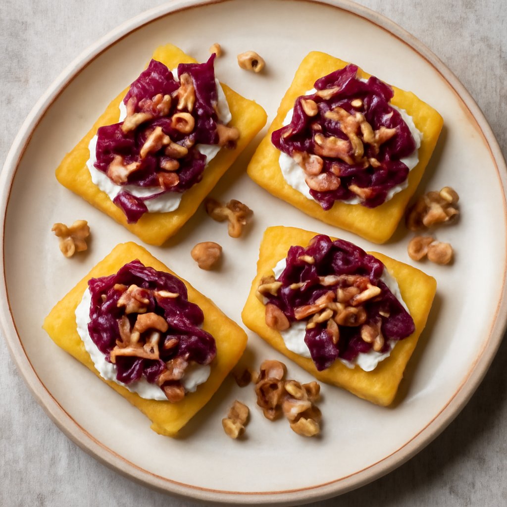 Crostini di polenta con stracchino, radicchio e noci
