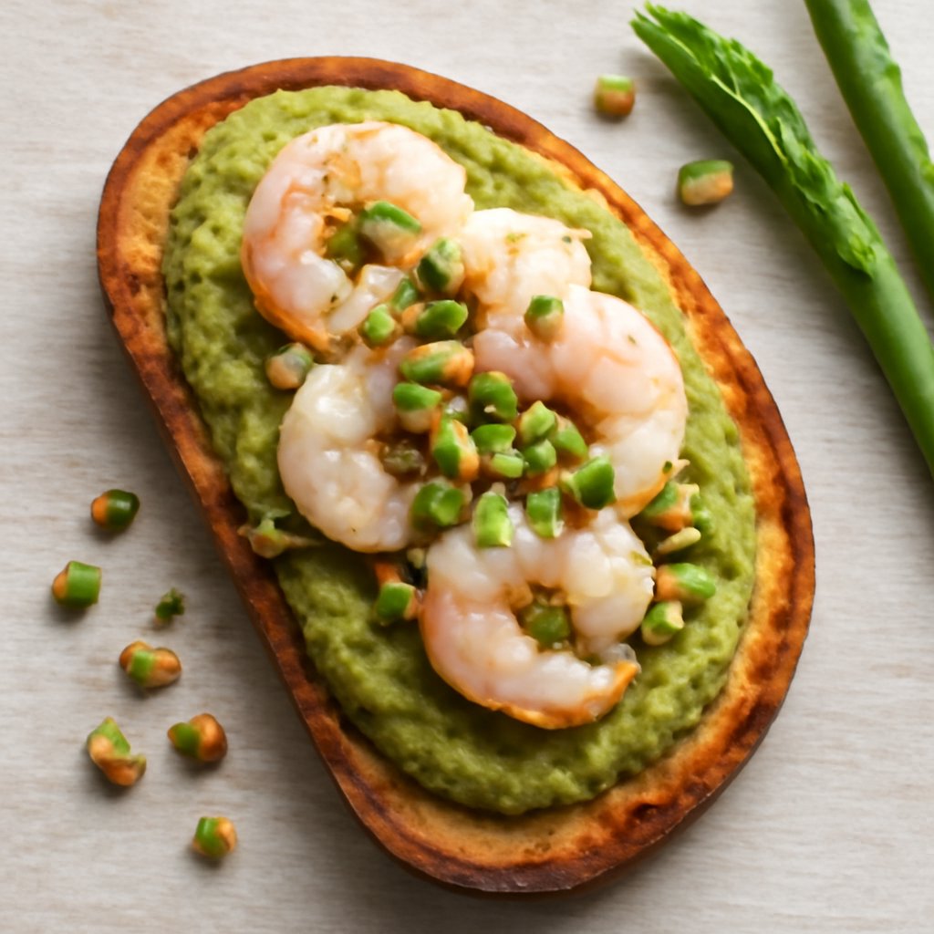 Crostino con pesto di asparagi, pistacchi e ceviche di gamberi
