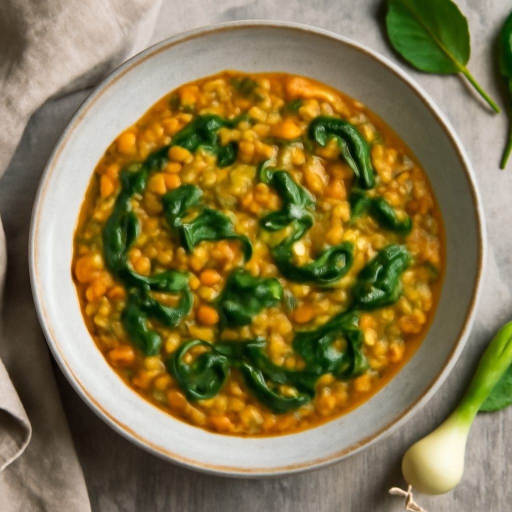 Dahl di lenticchie, spinaci e cipollotto