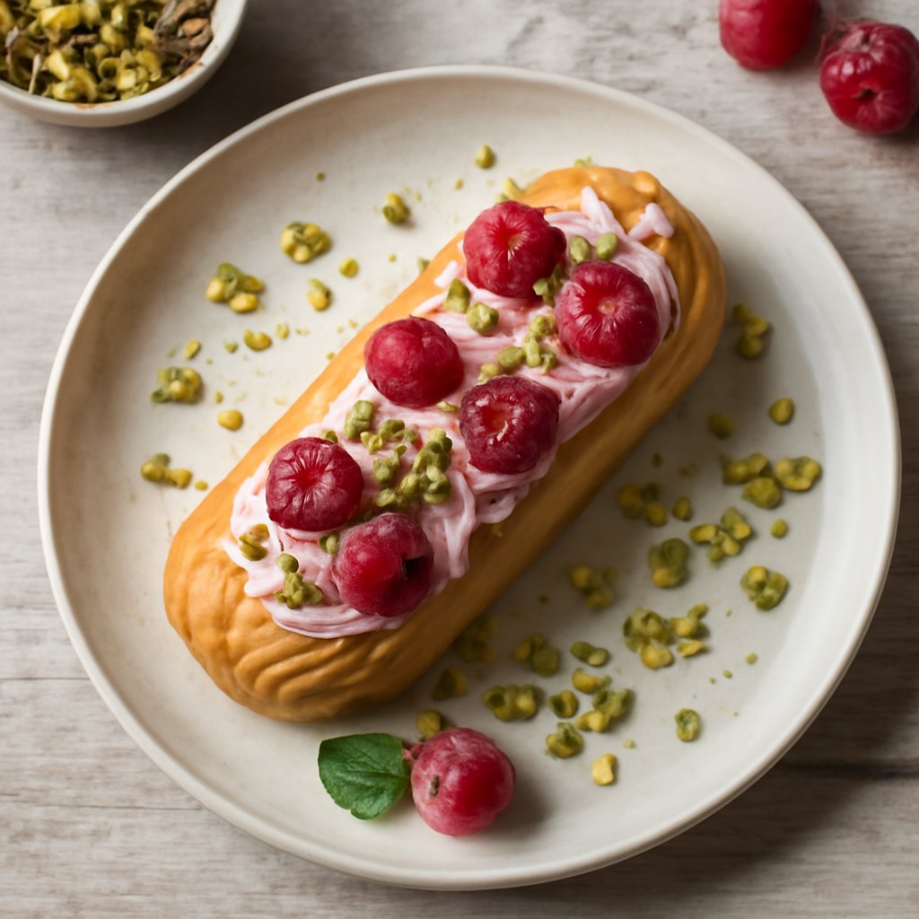 Éclair alla crema di lamponi e pistacchi 