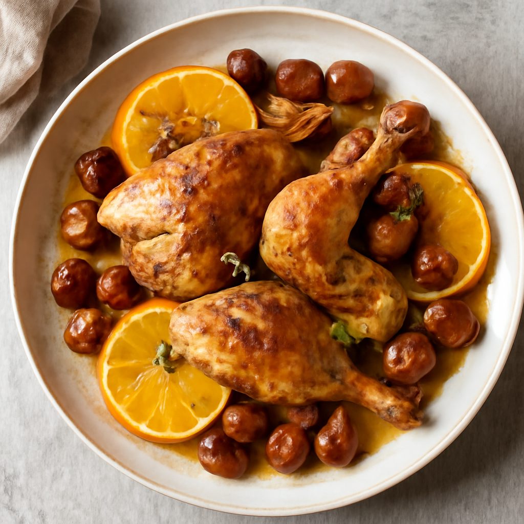 Faraona delle feste con arance e castagne