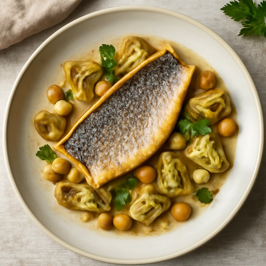 Filetto di branzino con carciofi e ceci
