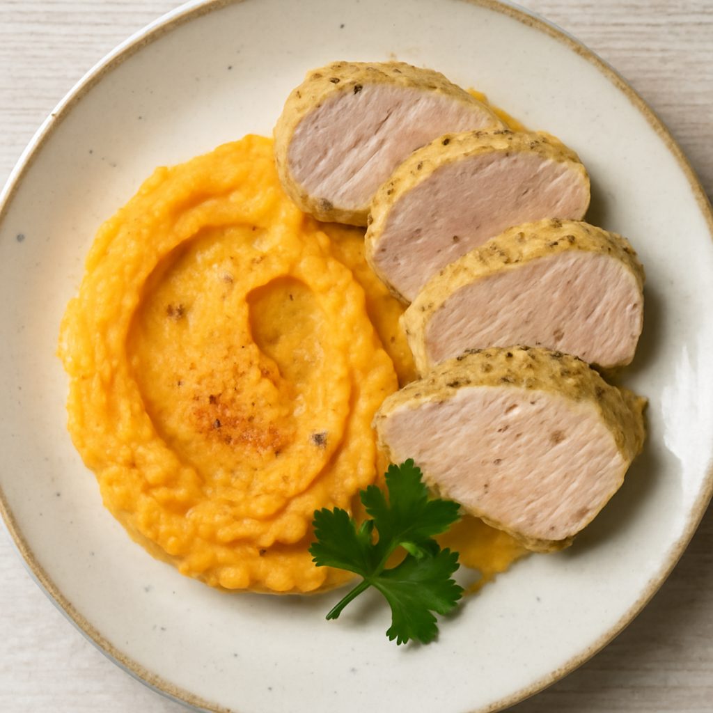 Filetto di maiale alla senape sottovuoto con purè di carote speziato