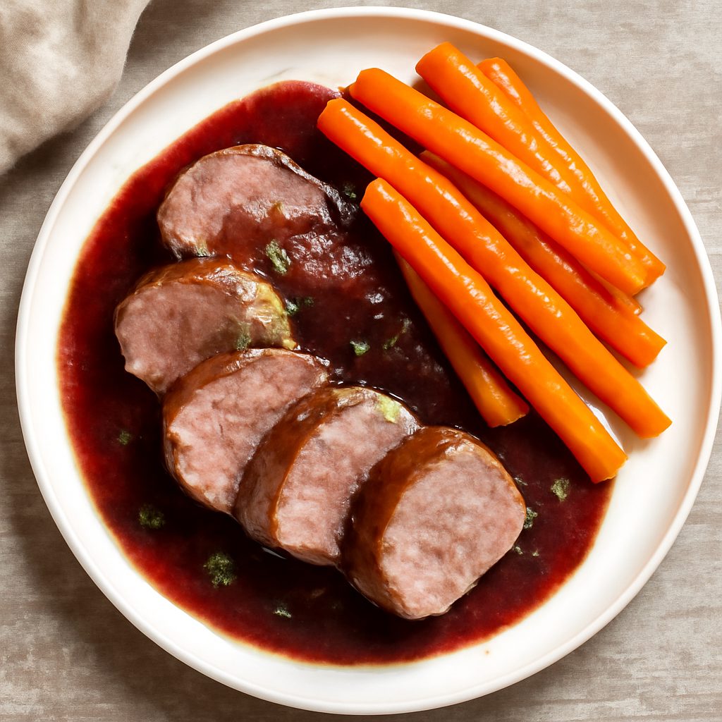 Filetto di maiale in salsa al vino rosso e contorno di carote