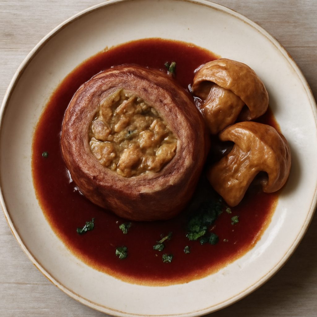 Filetto di manzo farcito con funghi porcini alla parmigiana e salsa al vino rosso