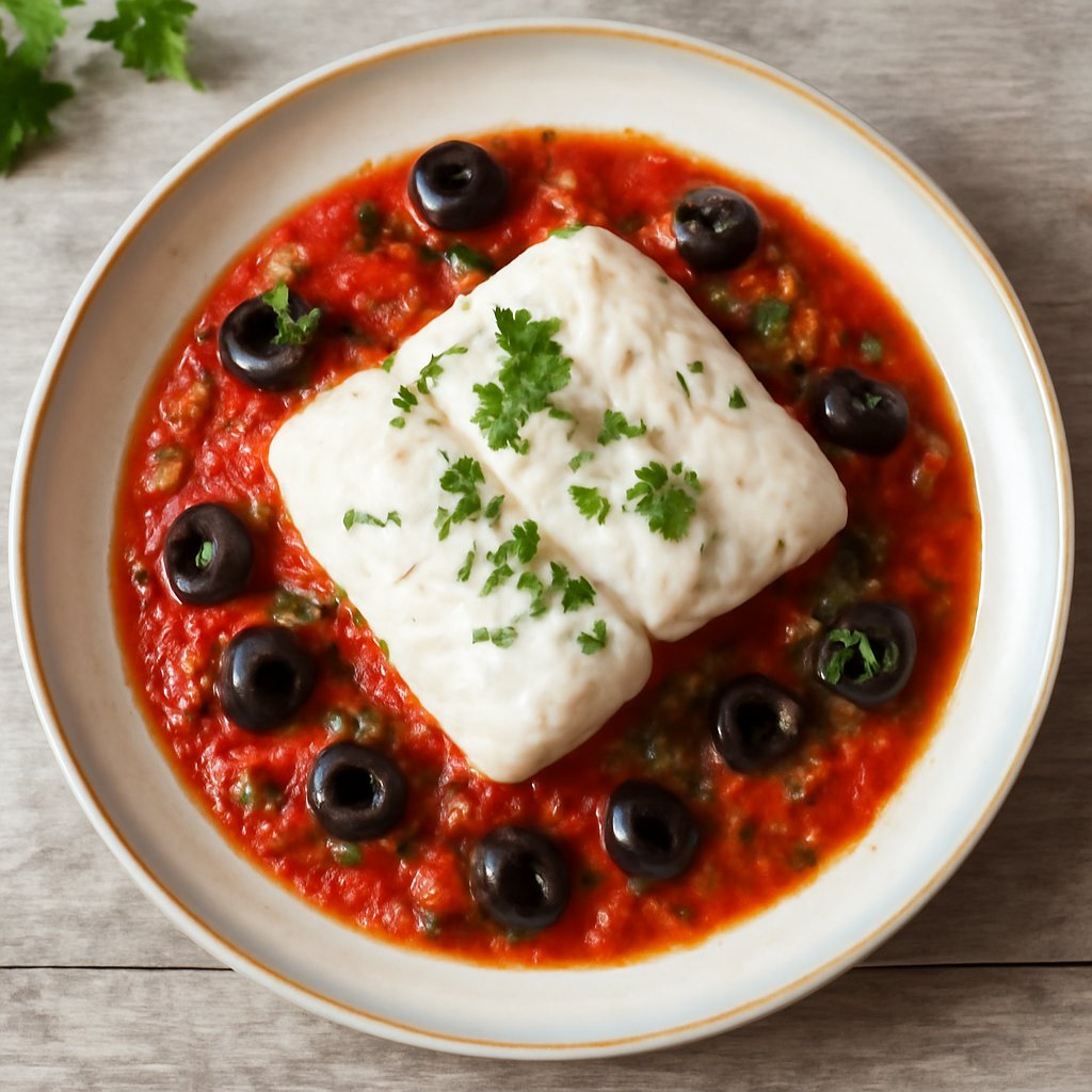 Filetto di pesce al vapore con salsa al pomodoro e olive (TM6)