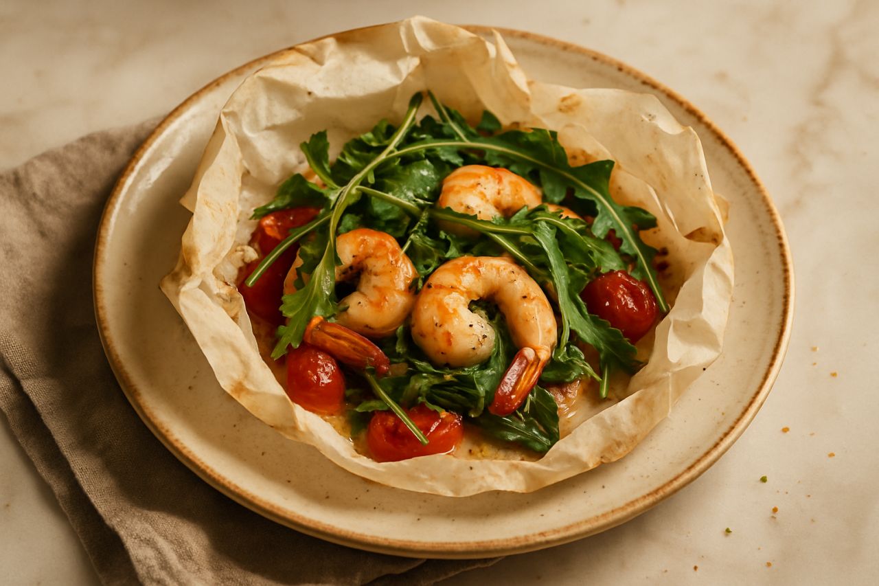 Gamberi al Cartoccio con Rucola