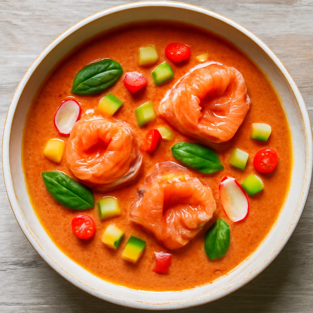 Gazpacho di frutta e verdura con salmone marinato