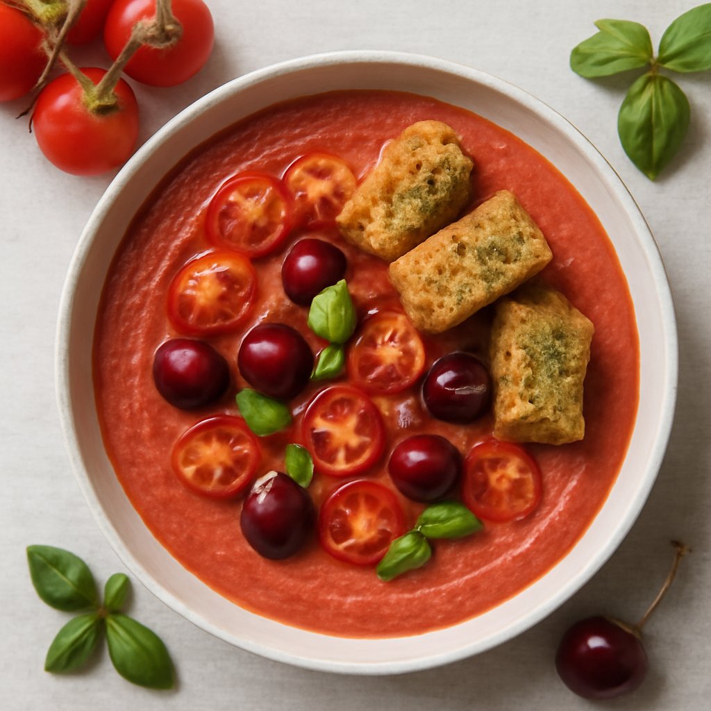 Gazpacho pomodori e ciliegie con crostini alle erbe