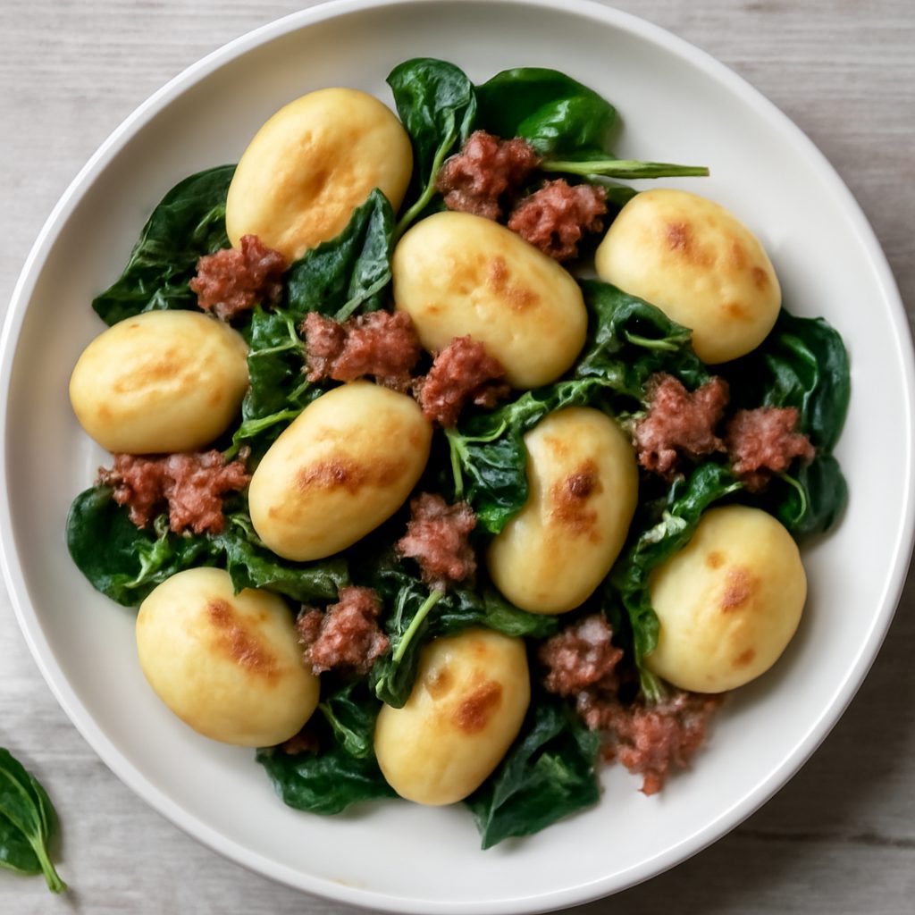 Gnocchi ripieni con spinaci freschi e salsiccia
