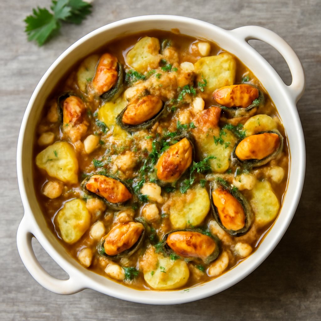 Gratin di cozze con patate e fagioli bianchi