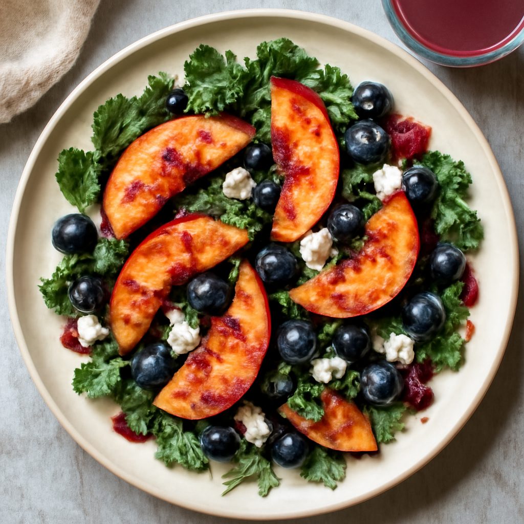 Insalata con pesche con vinaigrette ai mirtilli
