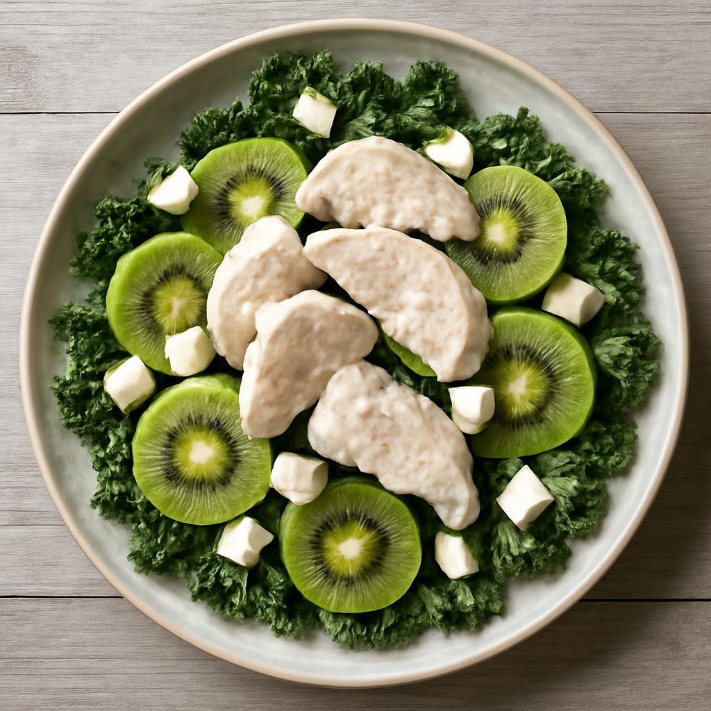 Insalata con pollo al vapore, kiwi, Feta e cavolo riccio