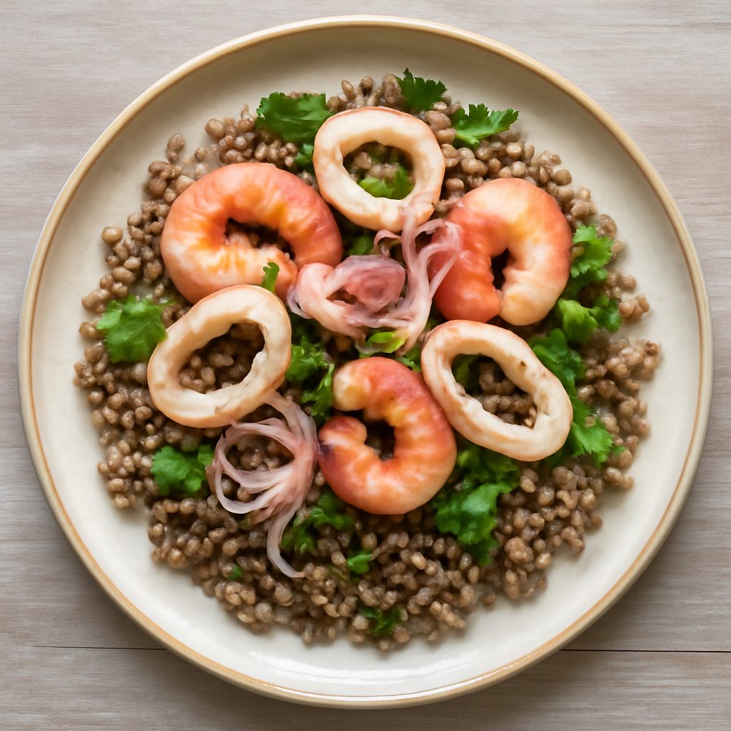 Insalata di grano saraceno calamari e gamberi