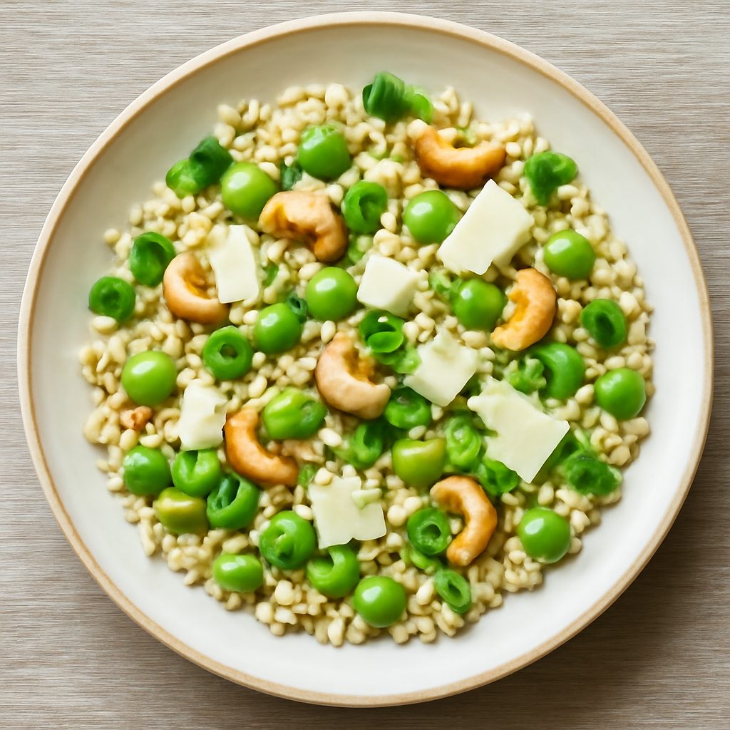 Insalata di orzo con fave, pecorino e anacardi