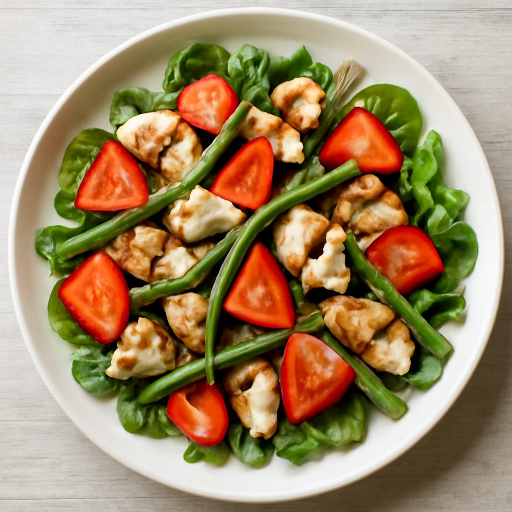 Insalata di pollo, fragole e fagiolini con glassa di balsamico