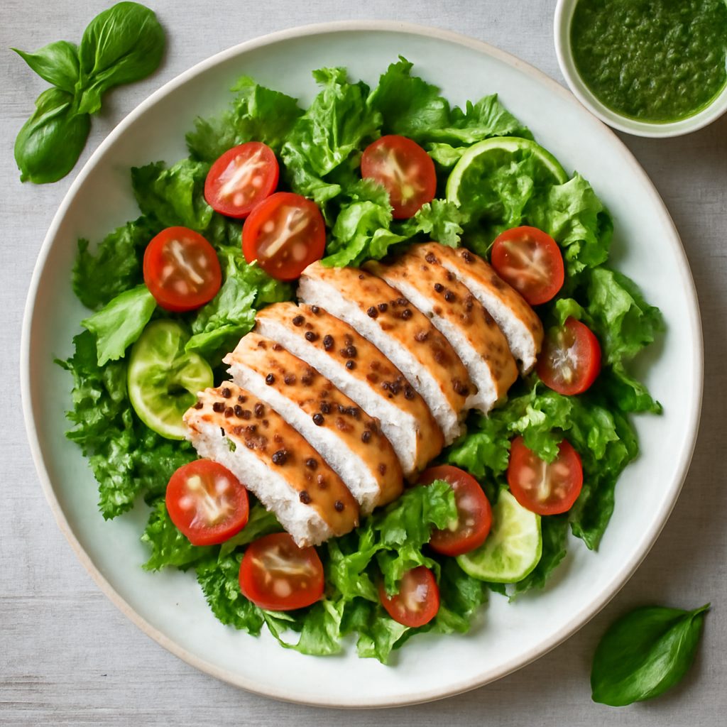 Insalata di pollo grigliato con vinaigrette al basilico