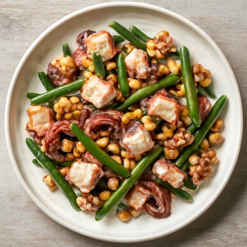 Insalata di polpo, noci, mais e fagiolini