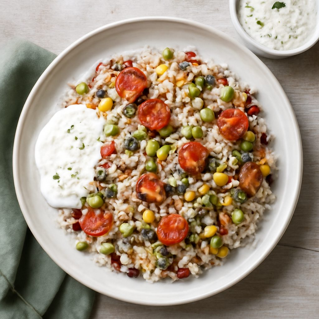Insalata di riso bicolore con salsa allo yogurt
