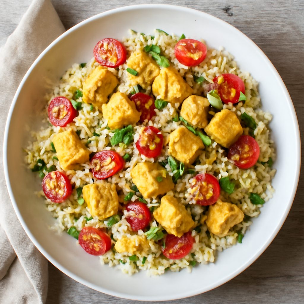 Insalata di riso con pollo al curry e cocco