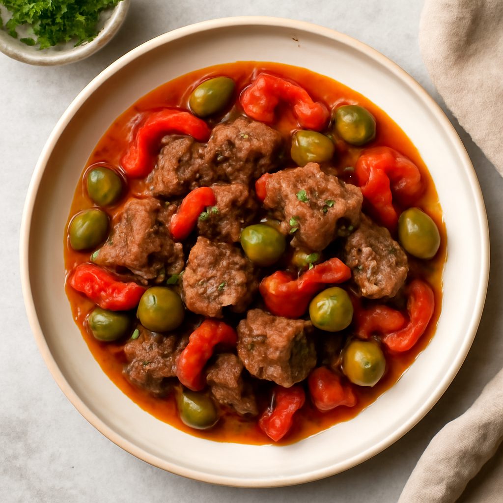 Manzo con olive e peperoni