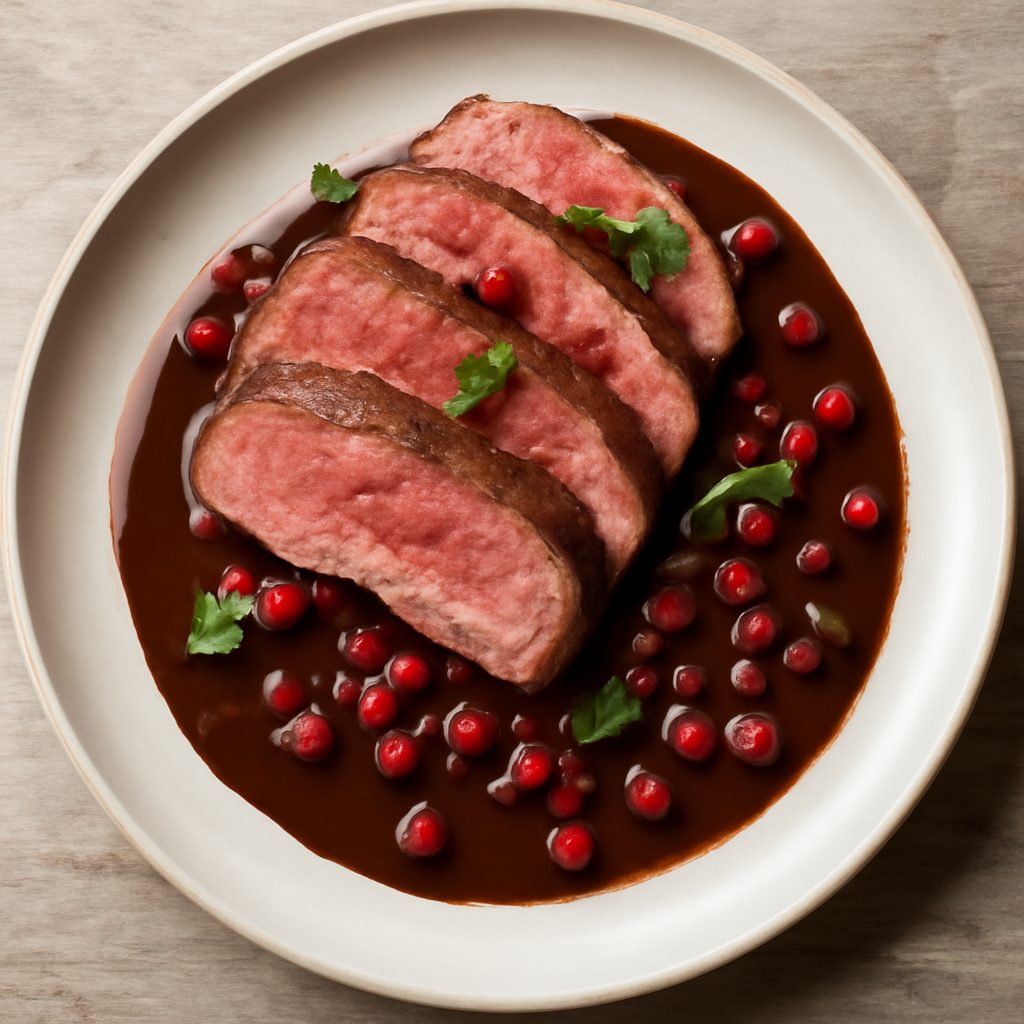 Manzo Sottovuoto con salsa al cioccolato e melagrana