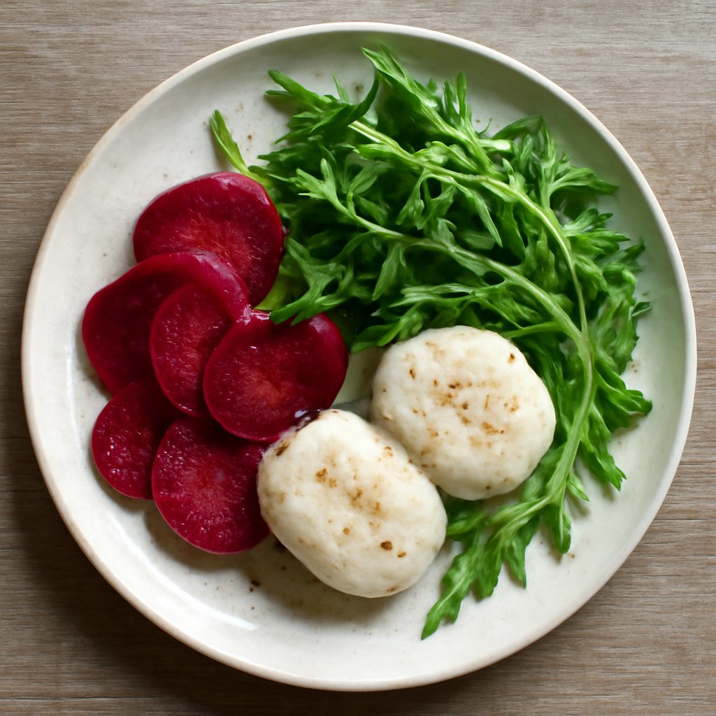 Medaglioni di nasello sottovuoto con barbabietole marinate e rucola