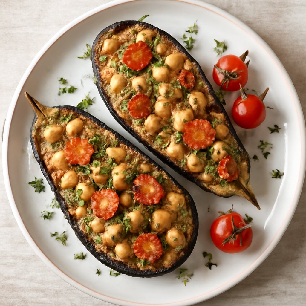 Melanzane ripiene di cous cous alle erbe con ceci e pomodorini