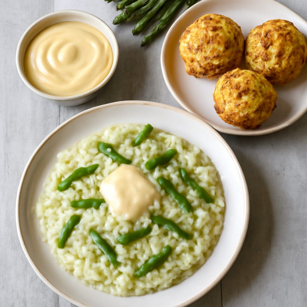 Menù: Risotto asparagi e Taleggio, Muffin salati e Crema pasquale (Pasqua) (robot da cucina Friend)