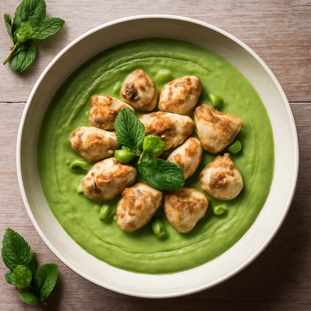 Menù: Vellutata di piselli alla menta e bocconcini di pollo (robot da cucina Friend)