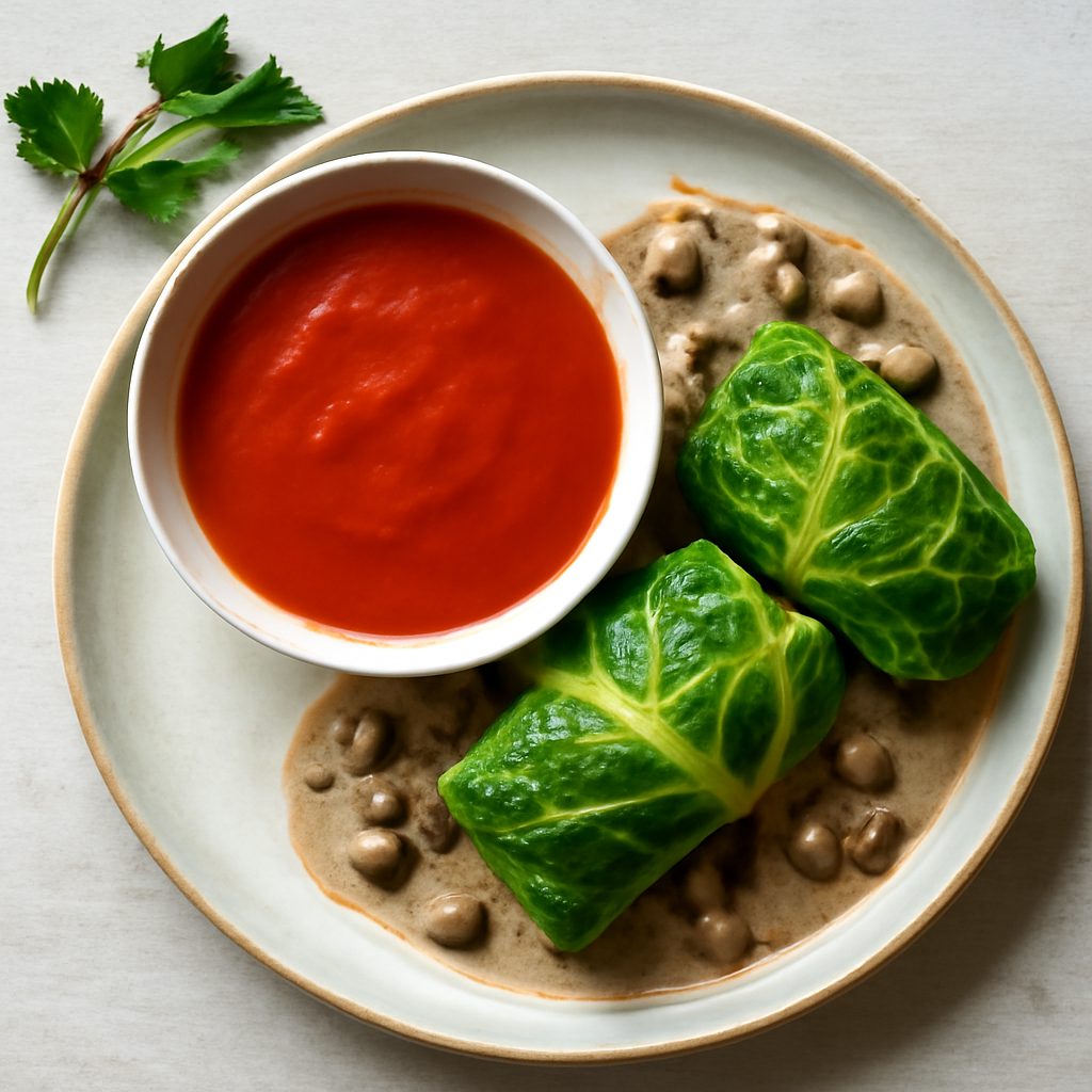Menù: Vellutata di pomodoro; Involtini di verza ripieni di miglio con salsa ai funghi (robot da cucina Friend)